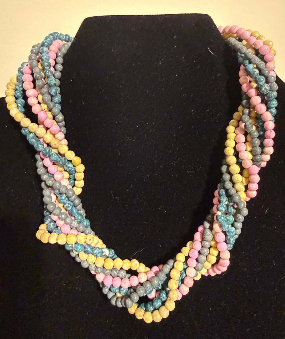 Vintage Multi-Strand Pastel Beaded Necklace with Gold Tone Clasp